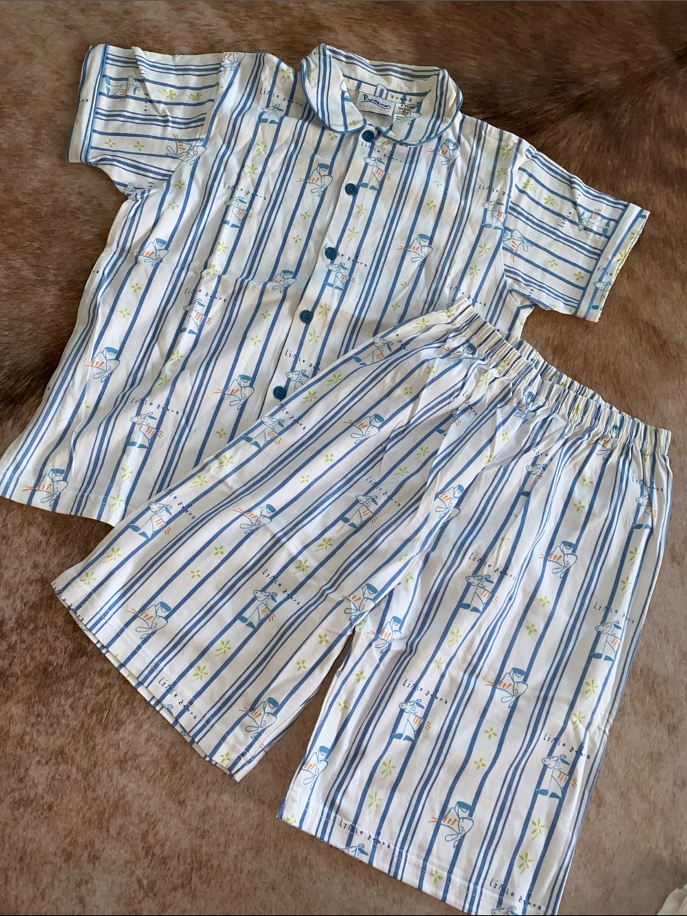 Vintage Blue Striped Short-Sleeve Kids Pajama Set with Playful Print